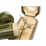 VINTAGE CARTIER GILT TOOLED LEATHER PIN BOX, containing 15ct gold seed pearl and turquoise pin,