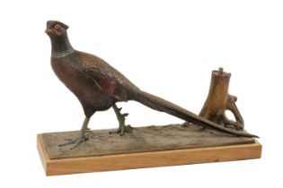 AUSTRIAN COLD PAINTED FIGURAL TABLE CIGAR LIGHTER, modelled as a striding cock pheasant, on plinth