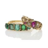 TWO GOLD RINGS comprising 18ct gold emerald and diamond chip ring, 18ct gold believed ruby and
