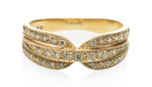 18CT GOLD DIAMOND CHIP RING, bow design, ring size M, 5.0gms in Gassan diamonds ring box Provenance: