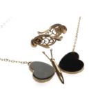 9CT GOLD BLACK HARDSTONE BUTTERFLY PENDANT, on 9ct gold chain together with pair of 9ct gold