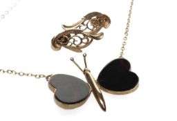 9CT GOLD BLACK HARDSTONE BUTTERFLY PENDANT, on 9ct gold chain together with pair of 9ct gold