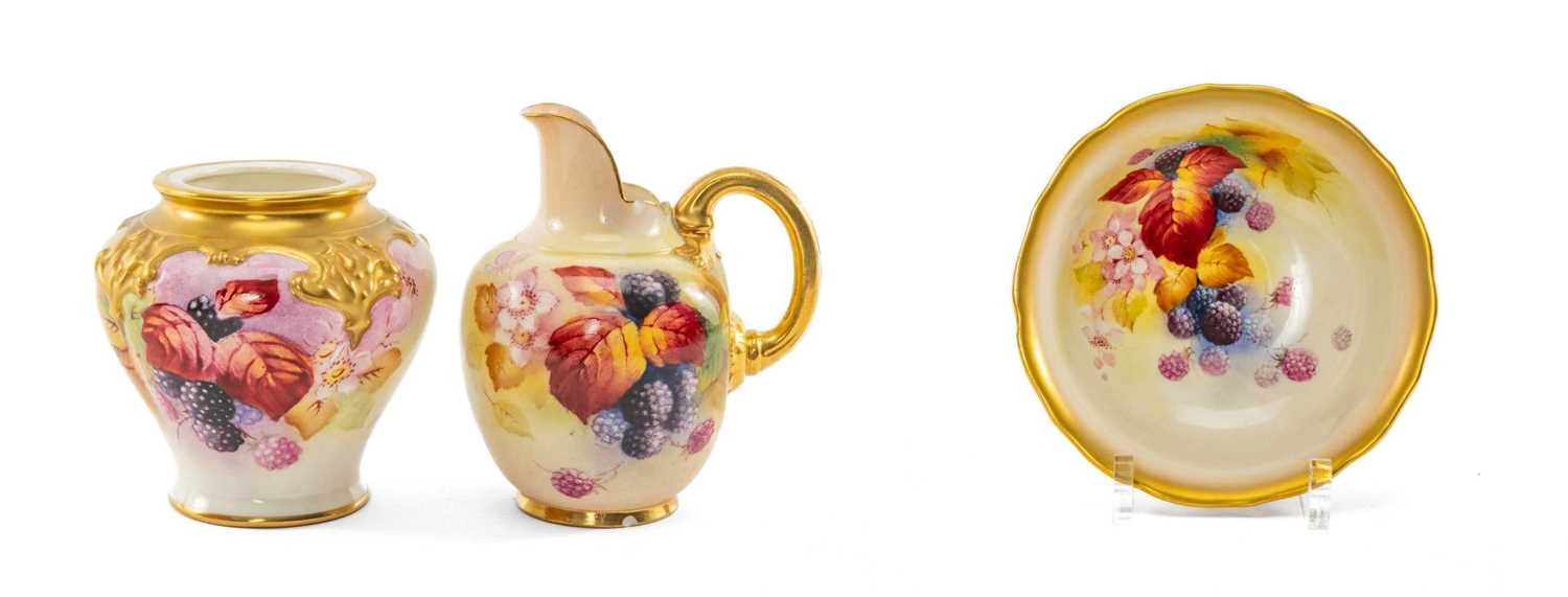 ROYAL WORCESTER 'AUTUMN FRUIT' JUG, VASE & BOWL, the flat back jug painted by Kitty Blake, shape