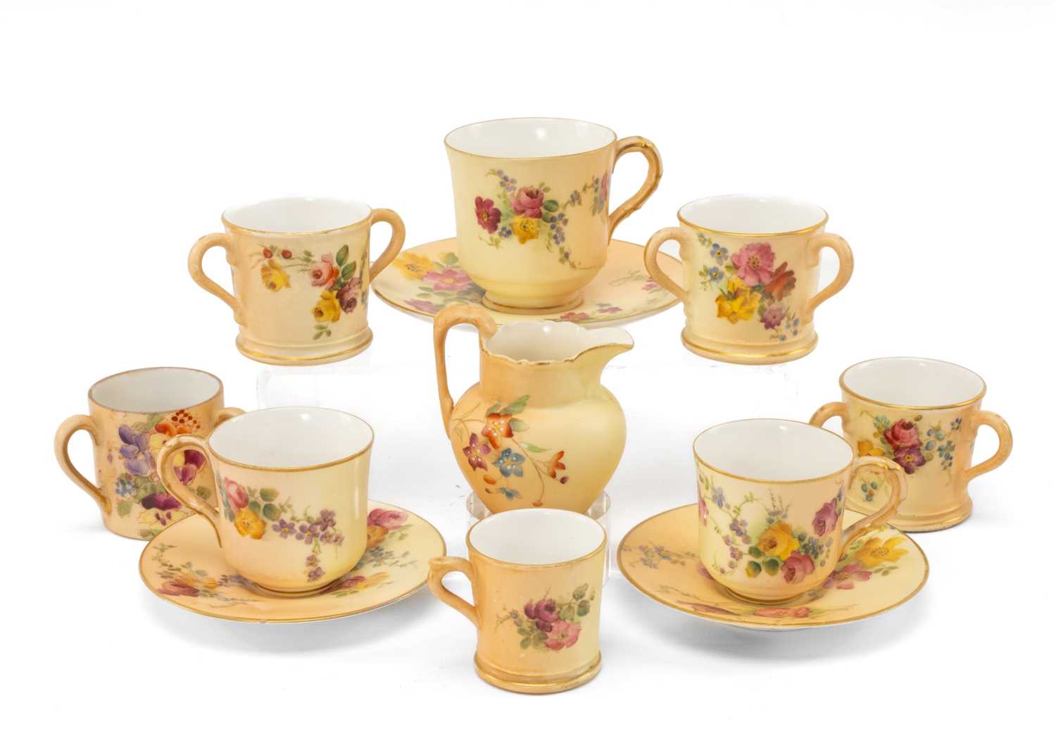 ASSORTED ROYAL WORCESTER 'BLUSH IVORY' MINIATURES, including two tygs, loving cup, tankard, milk
