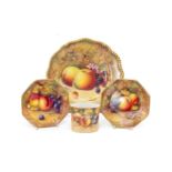 FOUR PIECES ROYAL WORCESTER PAINTED PORCELAIN, each piece decorated with fallen Autumn fruit,