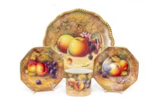 FOUR PIECES ROYAL WORCESTER PAINTED PORCELAIN, each piece decorated with fallen Autumn fruit,
