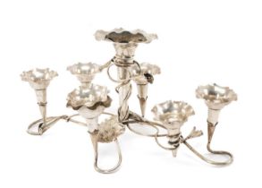 EDWARDIAN ELECTROPLATED EPERGNE, tapering trumpets on intertwined foliate base, 48cms (w)