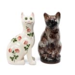 TWO MODERN STUDIO POTTERY CATS, comprising of Ewenny Pottery tortoiseshell glazed seated cat, 34 cms