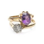 TWO GOLD RINGS comprising 18ct gold illusion set diamond ring, together with an 18ct gold amethyst