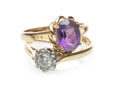 TWO GOLD RINGS comprising 18ct gold illusion set diamond ring, together with an 18ct gold amethyst