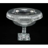 REGENCY CUT GLASS FRUIT BOWL, overturned rim with foliate cut band, bobbin stem on lemon squeezer