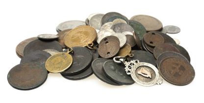 GROUP OF COLLECTABLE COINS & MEDALLIONS, including 1764 Russian 5 kopeks coin, cartwheel coins,
