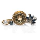 THREE RINGS comprising an 18ct gold white and black pearl twist shank ring, yellow metal citrine