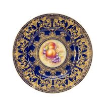 FINE ROYAL WORCESTER PORCELAIN PAINTED CABINET PLATE, centre painted by Brian Leaman with plums