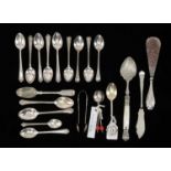 GROUP OF MAINLY SILVER SPOONS, mainly assorted teaspoons, sugar tongs ETC Provenance: private