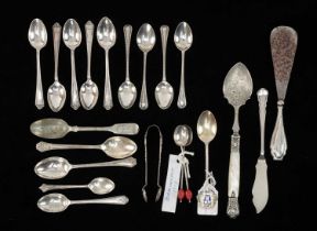 GROUP OF MAINLY SILVER SPOONS, mainly assorted teaspoons, sugar tongs ETC Provenance: private
