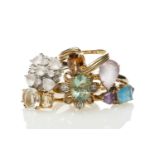 SIX 9CT GOLD GEM SET RINGS including morganite and diamond, Swiss blue topaz and amethyst,