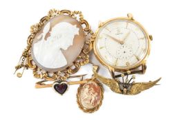 18CT GOLD OMEGA WATCH HEAD & ASSORTED GOLD JEWELLERY, the watch with 17J cal. 332 automatic bumper