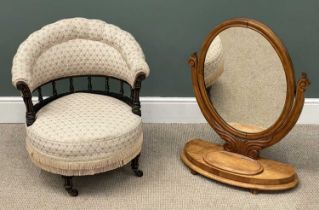 EBONISED UPHOLSTERED TUB CHAIR & VICTORIAN OVAL SWING TOP DRESSING TABLE MIRROR, 82 (h) x 65 (w) x