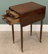 VICTORIAN MAHOGANY TWO DRAWER PEMBROKE TABLE on turned supports, 74 (h) x 36 (w) x 50cms (d)