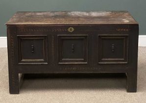 19TH CENTURY OAK CHEST having three front panels with relief carving and remnants of herringbone