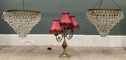 PAIR OF DROP LUSTRE CEILING LIGHTS 50cms (drop) x 40cms (diam.) and a three-branch brass table lamp,