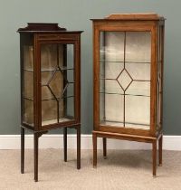 TWO EDWARDIAN DISPLAY CABINETS inlaid, 145 (h) x 56 (w) x 31cms (d) and oak, 154 (h) x 67 (w) x