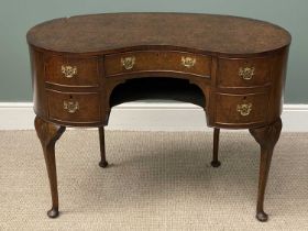 BURR WALNUT KIDNEY SHAPED DESK/DRESSING TABLE on cabriole supports, 78 (h) x 107 (w) x 59cms (d)