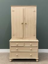 PAINTED ANTIQUE PINE HOUSEKEEPER'S CUPBOARD having a two door shelved interior over non-original