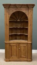 VINTAGE PINE CORNER CUPBOARD with dental type cornice and dome top interior with shaped shelves over