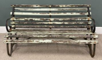 WEATHERED TRADITIONAL GARDEN BENCH slatted with scroll metal ends, 76 (h) x 153 (w) x 66cms (d)