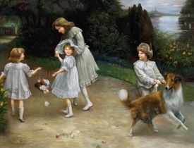 AFTER ARTHUR JOHN EISLEY (1860-1952) oil on canvas - children picking flowers with dog, 109 x 130cms