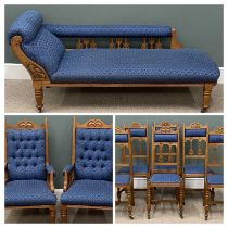 NINE PIECE EDWARDIAN ART NOUVEAU OAK PARLOUR SUITE comprising chaise, 73 (h) x 175 (w) x 65cms (d)