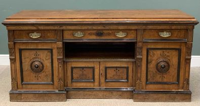 FINE VICTORIAN BURR WALNUT SIDEBOARD with ebonised detail, having three drawers over four cupboards,