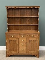 MODERN GOLDEN OAK DRESSER with two shelf rack, the base with multiple drawers and cupboard doors,