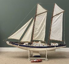 LARGE VINTAGE POND YACHT named "Lady M" with mobile trolley stand and lead weight, 209 (h) on