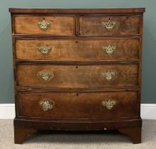 WALNUT & MAHOGANY ANTIQUE BOW FRONT CHEST with three long and two short drawers over bracket feet,