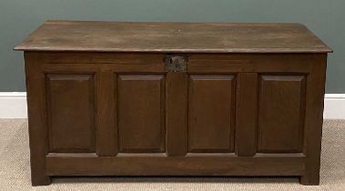 19TH CENTURY OAK COFFER having four fielded panel front with lift top, 69 (w) x 144 (w) x 61cms (