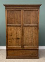 REPRODUCTION POLISHED OAK TWO DOOR WARDROBE / PRESS CUPBOARD with base drawer and interior