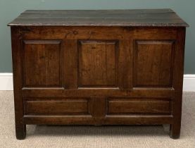 ANTIQUE OAK CHEST late 18th / early 19th Century, having three plank top with three fielded panels