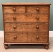 VICTORIAN MAHOGANY CHEST of two over three long drawers with turned knobs, on bun feet, 94 (h) x