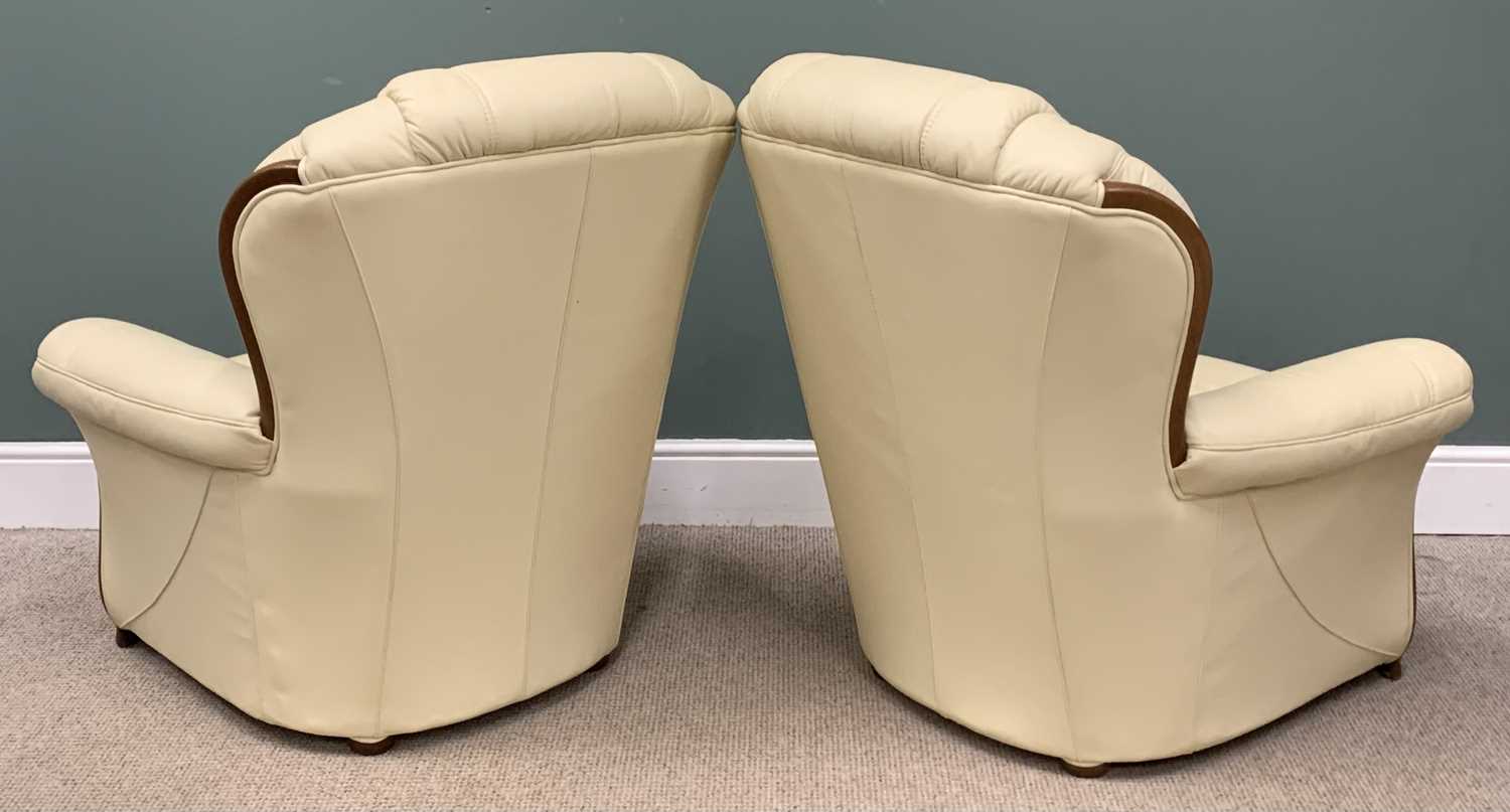 LEATHER EFFECT & WOODEN MODERN THREE PIECE SUITE, a good example in cream comprising three seater - Image 2 of 6