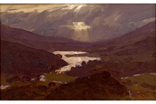 ‡ DAVID WOODFORD (Welsh b.1938) oil on board - shaft of light over Eryri lake, signed lower left, - Image 1 of 3