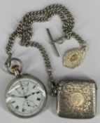 CONTINENTAL WHITE METAL KEYLESS CENTRE SECONDS POCKET WATCH STOP WATCH, white enamel dial with black