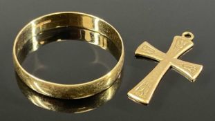 9CT GOLD WEDDING BAND, size X and a small 9ct gold crucifix, 2.3gms gross Provenance: private