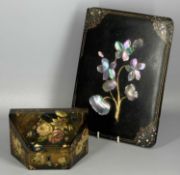 A VICTORIAN PAPIER MACHE WRITING BOX with elaborate hand painted floral decoration, sloping lid