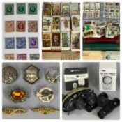 VARIOUS COLLECTABLES including cigarette and tea cards, vintage brooches, binoculars, stamps etc.