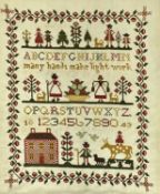 'MANY HANDS MAKE LIGHT WORK' NEEDLEWORK SAMPLER numerical, alphabetical and pictorial of farming