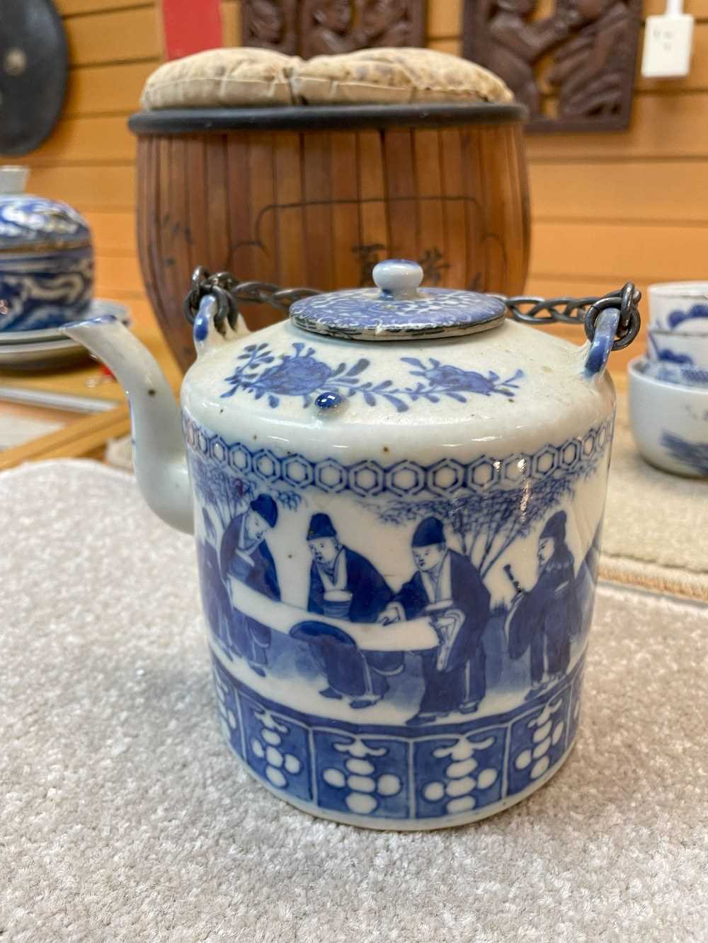 ASSORTED CHINESE BLUE & WHITE PORCELAIN, including two cylindrical teapots (one in bamboo - Image 10 of 29