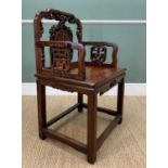 CHINESE HARDWOOD CARVED ARMCHAIR, late Qing Dynasty, probably Hongmu, pierced splat and sides carved